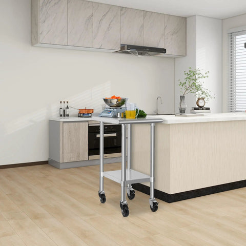 Pro Grade Stainless Steel Commercial Work Table With Wheels for kitchens and labs, 24x24 inch prep and work surface in modern kitchen