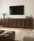 Walnut farmhouse sideboard cabinet in living room under TV. Must Have Farmhouse Style Sideboard Cabinet 31.5 Inch Wide With Slatted Doors.