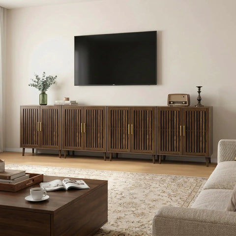 Walnut farmhouse sideboard cabinet in living room under TV. Must Have Farmhouse Style Sideboard Cabinet 31.5 Inch Wide With Slatted Doors.