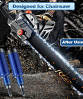 Two Pack Mini Chainsaw Grease Gun Kit With Preloaded Lubricant Universal Fit For Chainsaws Mowers Trimmers And Cutters, shown with chainsaw in use