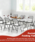 Heavy Duty Eight Foot Folding Table Fold In Half Utility Table For Indoor Outdoor Use Great For Camping Picnics Parties with sturdy steel legs set with wine glasses and snacks