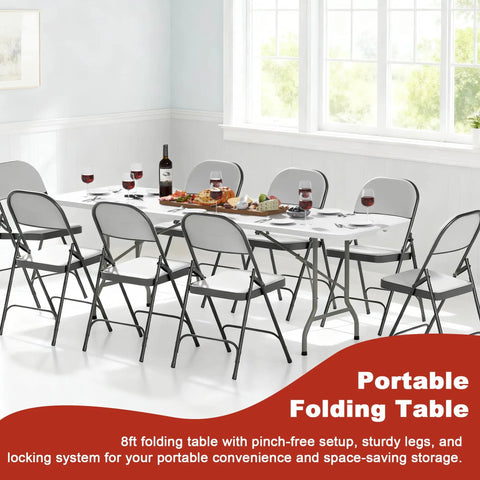 Heavy Duty Eight Foot Folding Table Fold In Half Utility Table For Indoor Outdoor Use Great For Camping Picnics Parties with sturdy steel legs set with wine glasses and snacks