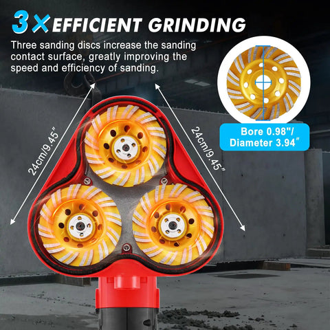 Close-up of the Beast Mode Three Axis Triple Head Concrete Grinder 4 Inch Floor Grinder 2800 Watts with sanding discs exposed.