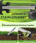 Rocket Shaped One Hand Garden Hoe For Weeding Adjustable 30 To 60 Inch Steel Handle showing stainless steel design and use