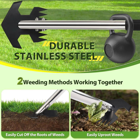 Rocket Shaped One Hand Garden Hoe For Weeding Adjustable 30 To 60 Inch Steel Handle showing stainless steel design and use