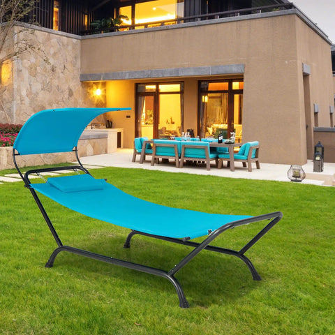 Heavy Duty Outdoor Hammock With Stand And Adjustable Canopy For Backyard Hangouts, Weatherproof Blue Hammock Bed on Lawn
