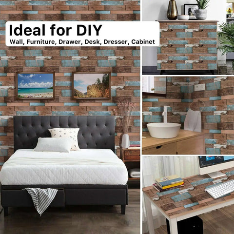 Faux Wood Peel And Stick Wallpaper For DIY Projects in rustic shiplap texture on walls, suitable for countertops, cabinets, and bathrooms.