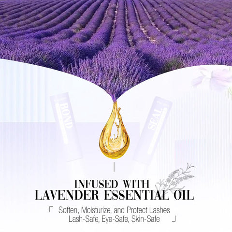 Lash Bond And Seal Clear Eyelash Glue With Lavender Essential Oil For Strong All Day Hold Waterproof Bond And Lock For Cluster Lashes DIY Lash Extensions And Sensitive Eye Adhesive bottle with lavender field graphic