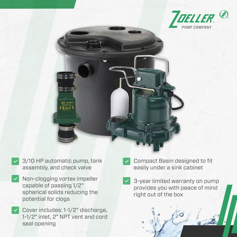 Automatic Drain Pump System With 0.3 HP Submersible Sump Pump 115V Utility Pump For Basements and Under Sink Applications