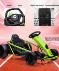 Green Kids 24V Electric Go Kart With Dual 300W Motors, 9Ah Battery, 8 MPH Rad Drift Power, steering wheel features shown