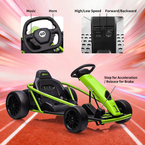 Green Kids 24V Electric Go Kart With Dual 300W Motors, 9Ah Battery, 8 MPH Rad Drift Power, steering wheel features shown