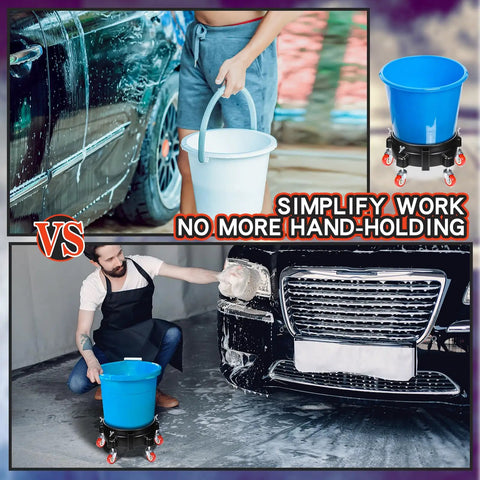 Two Pack Round Plastic Bucket Dollies With Five Quick Spin Swivel Casters For Smooth Easy Rolling Heavy Duty Mobile Base Stands No Sweat Transport For Car Washes Or Lugging Flower Pots Around The Shop In Black in use comparison.