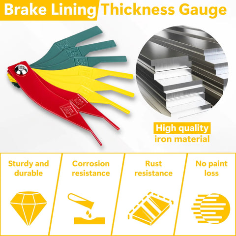 8 Piece Brake Pad Thickness Gauges Set With Color Coded Scale, visible in various shades and metallic material attributes displayed.