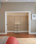 Bedroom with Maximizer Closet Organizer Add On Unit With Four Shelves And Double Hang Rod, Tool Free White Expansion in closet.