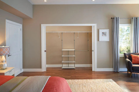 Bedroom with Maximizer Closet Organizer Add On Unit With Four Shelves And Double Hang Rod, Tool Free White Expansion in closet.