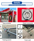 Turnkey Mobile Coffee Trailer With DOT Certification And Full Commercial Kitchen Setup showing sales window, power connector, towing system, and truck jack.