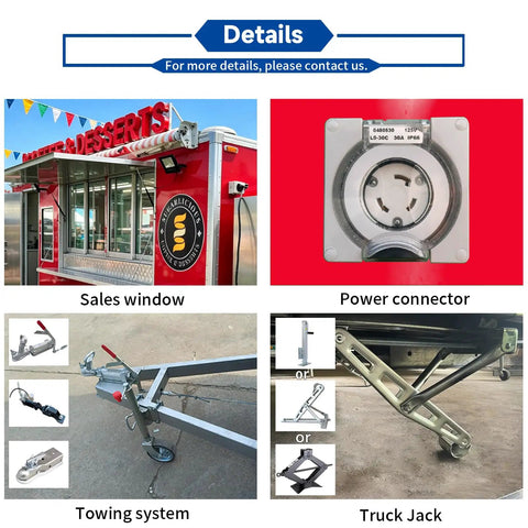 Turnkey Mobile Coffee Trailer With DOT Certification And Full Commercial Kitchen Setup showing sales window, power connector, towing system, and truck jack.