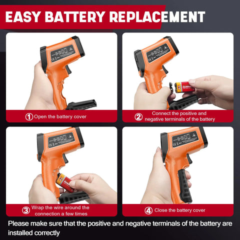 Steps to replace battery in Infrared Thermometer Gun Non Contact Digital Laser Temp Tool Pro Grade With Emissivity Adjustable