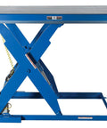 Heavy Duty Electric Hydraulic Lift Table With Four Sided Toe Guards 48 By 96 Inch Steel Deck 4000 Lb Capacity side view with control.