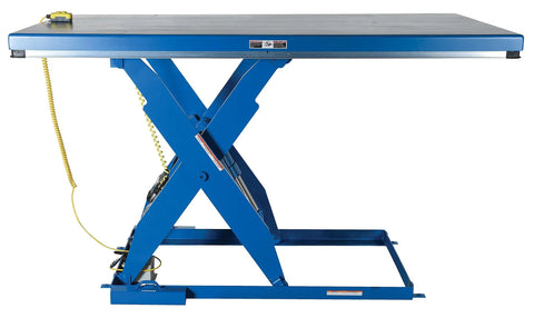 Heavy Duty Electric Hydraulic Lift Table With Four Sided Toe Guards 48 By 96 Inch Steel Deck 4000 Lb Capacity side view with control.