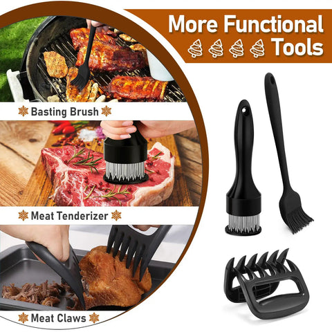 Basting brush, meat tenderizer, and meat claws for use with Heavy Duty Stainless Steel Roasting Pan Set With Rack For Turkey And Chicken
