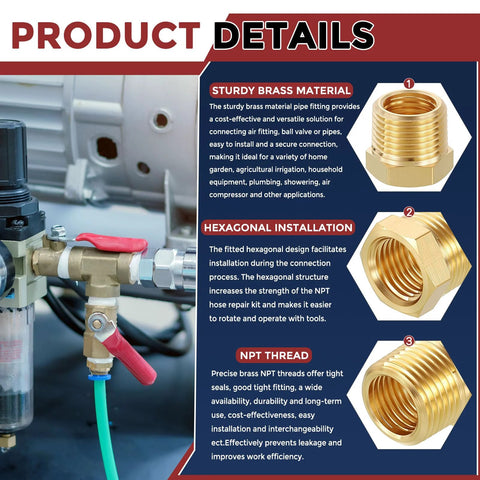 Kozelo solid brass NPT reducer bushing, 3/8 in male to 1/4 in female, hose fittings adapter, front view