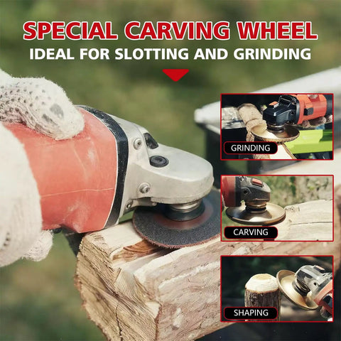 All In One Wood Carving Disc Set For Angle Grinder Five Piece Kit With Four Inch And Four And A Half Inch Shaping Wheels Five Eighth Inch Arbor High Speed Wood Grinding And Polishing Accessories shown carving wood