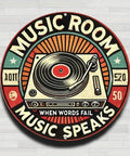 Round 8in aluminum wall sign with vintage turntable graphic and music room text; retro decor.