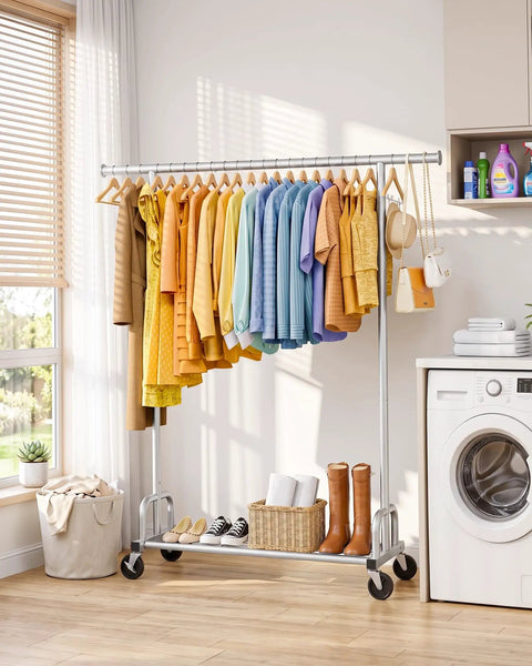 Heavy Duty Metal Clothes Rack With Sure Grip Lockable Wheels, Extendable Rod To Max Out Your Storage, Holds Every Fit You Own, Sleek Silver Design Keeps Small Bedrooms Or Entryways Clutter Free