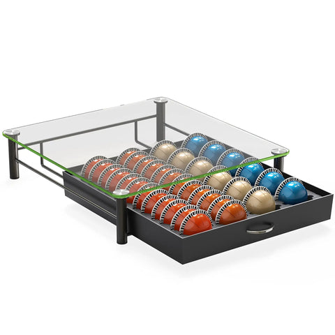 Crystal Tempered Glass Vertuo Pod Drawer For Nespresso Capsules, 24 Large Or 48 Small Organizer, Slick Countertop Coffee Capsule Storage