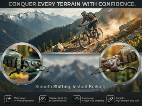 Mountain biker with 3x7 Speed Shifter Brake Levers Combo for Mountain Hybrid and Road Bikes, 21-Speed Integrated Gear Shifter Set