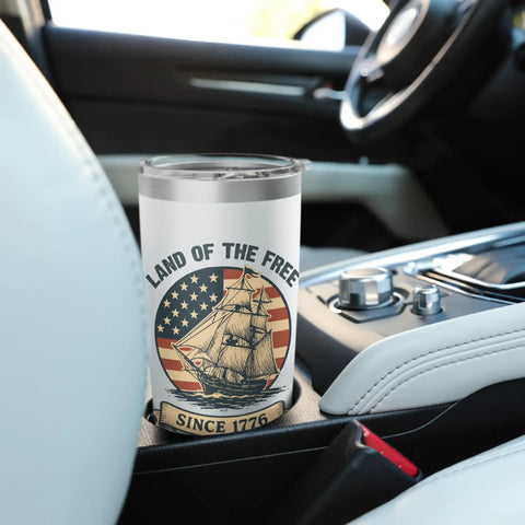 Patriotic Stainless Steel Insulated Tumbler With Retro US Flag Sailboat Design Keeps Drinks Cold Or Hot in car holder