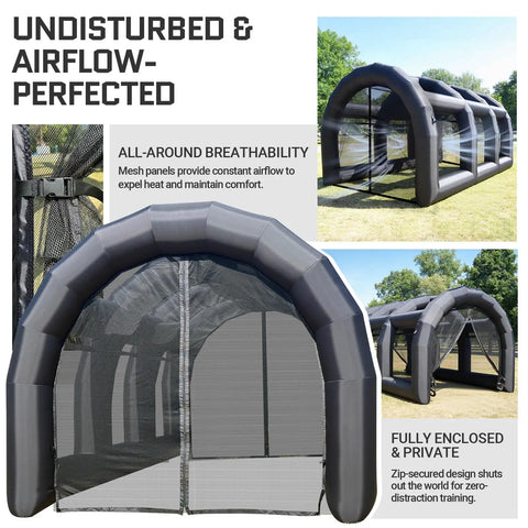 Inflatable Batting Cage For Baseball With Blower, Durable Backyard Practice Tent For Baseball And Softball Hitting And Pitching, Large 19.7ft X 9.8ft X 11.5ft With Heavy Duty Net And Oxford Cloth Seams, Indoor Outdoor Training Gear in a grassy backyard setting.