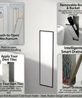 Hidden In Wall Toilet Brush Holder Cabinet In Matte Black With Tileable Door shown with push-to-open feature, size 45x12x12 cm
