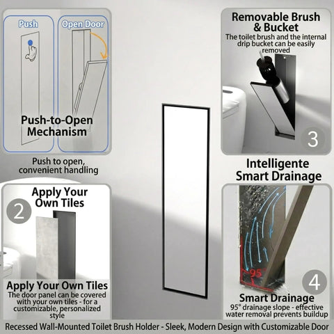 Hidden In Wall Toilet Brush Holder Cabinet In Matte Black With Tileable Door shown with push-to-open feature, size 45x12x12 cm
