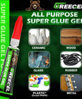 All Purpose Super Glue Gel for Plastic Shoes Metal Ceramic Wood shown with materials it bonds to