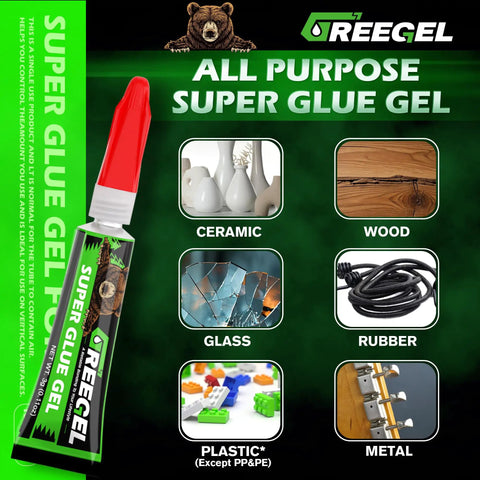 All Purpose Super Glue Gel for Plastic Shoes Metal Ceramic Wood shown with materials it bonds to