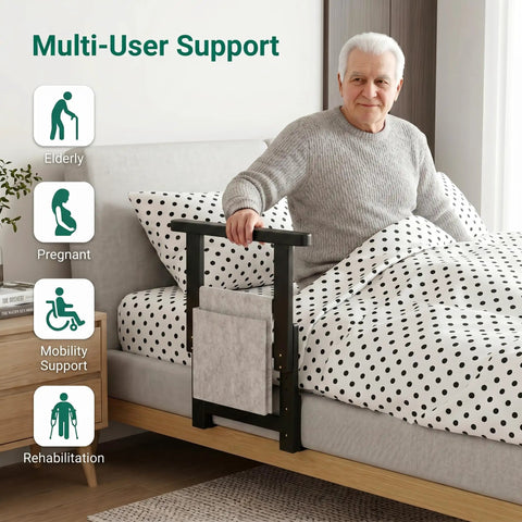 Adjustable Bed Rail For Seniors, Sturdy Grab Bar Supports Up To 300 Lbs beside a bed with multi-user support icons