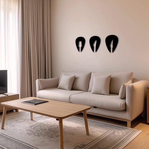 Set Of 3 Black Guitar Silhouette Wall Art On Engineered Wood 11x40 Inch Modern Wall Decor arranged above a couch in a living room
