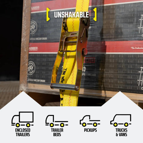 Two Inch By Twelve Foot E Track Ratchet Straps 8 Pack Yellow Beefy Heavy Duty Cargo Tie Downs securing cargo in trailer.
