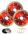 Four And A Half Inch Tile Cutting Diamond Blade Set Three Pack With Two Lock Nuts For Porcelain Ceramic Marble And Granite Wet Or Dry Use Seven Eighths Inch Arbor Five Eighths Inch Adapter X Teeth Turbo Mesh Rim showing three diamond blades and nuts