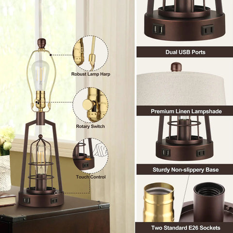 Farmhouse Bedside Lamp With Touch Control And Dimmable Lighting, brown industrial base, USB ports, beige linen shade