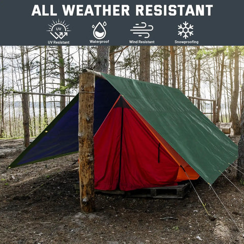 16 Mil Heavy Duty Waterproof Tarp With Metal Grommets, Reversible Dark Green And Blue Poly Tarp, 10x12 Ft Outdoor Shelter