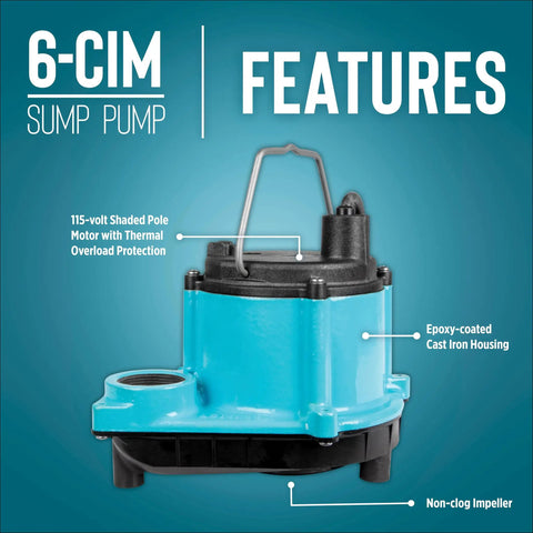 6-CIM-R 115V Submersible Sump Pump 1/3 HP 2750 GPH with epoxy-coated cast iron housing shown against blue background