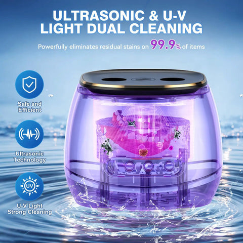 Rechargeable 45kHz Ultrasonic Retainer Cleaner with UV light demonstrating cleaning of dental items in water