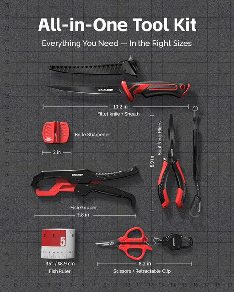 7 Piece Fishing Tools Kit With Fillet Knife Split Ring Pliers Braid Scissors Fish Gripper 35 Inch Ruler Sharpener And Lanyard For Saltwater And Freshwater Go To Gear Gift For Men displayed on grid background