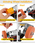 Steps to install a grinding wheel on the Mini Belt Sander For Knife Making With 15 Degree Angle, Electric Bench Belt Sander Kit.