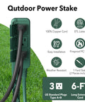 Outdoor Power Stake with 6 Foot Green Extension Cord, IP44 waterproof, 3 grounded outlets with protective covers on green grass.