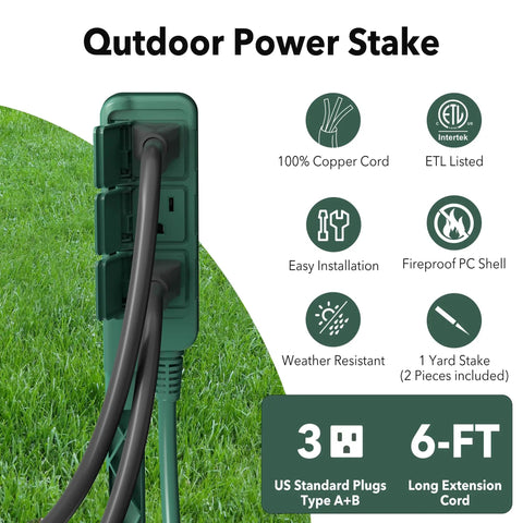 Outdoor Power Stake with 6 Foot Green Extension Cord, IP44 waterproof, 3 grounded outlets with protective covers on green grass.