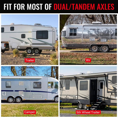 Various dual axle RVs and trailers suitable for Heavy Duty Wheel Chocks Stabilizer For RVs Travel Trailers And Trucks Drill Adjustable 2 Pack